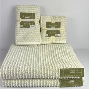 8 Pc Livegreen Eco Bath Towels Taupe White Tweed Zero Twist Soft Cotton NEW